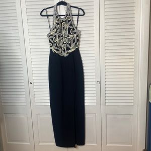 Alyce Designs | NWT Black Halter Dress with White and Pearl Beading | Size 8
